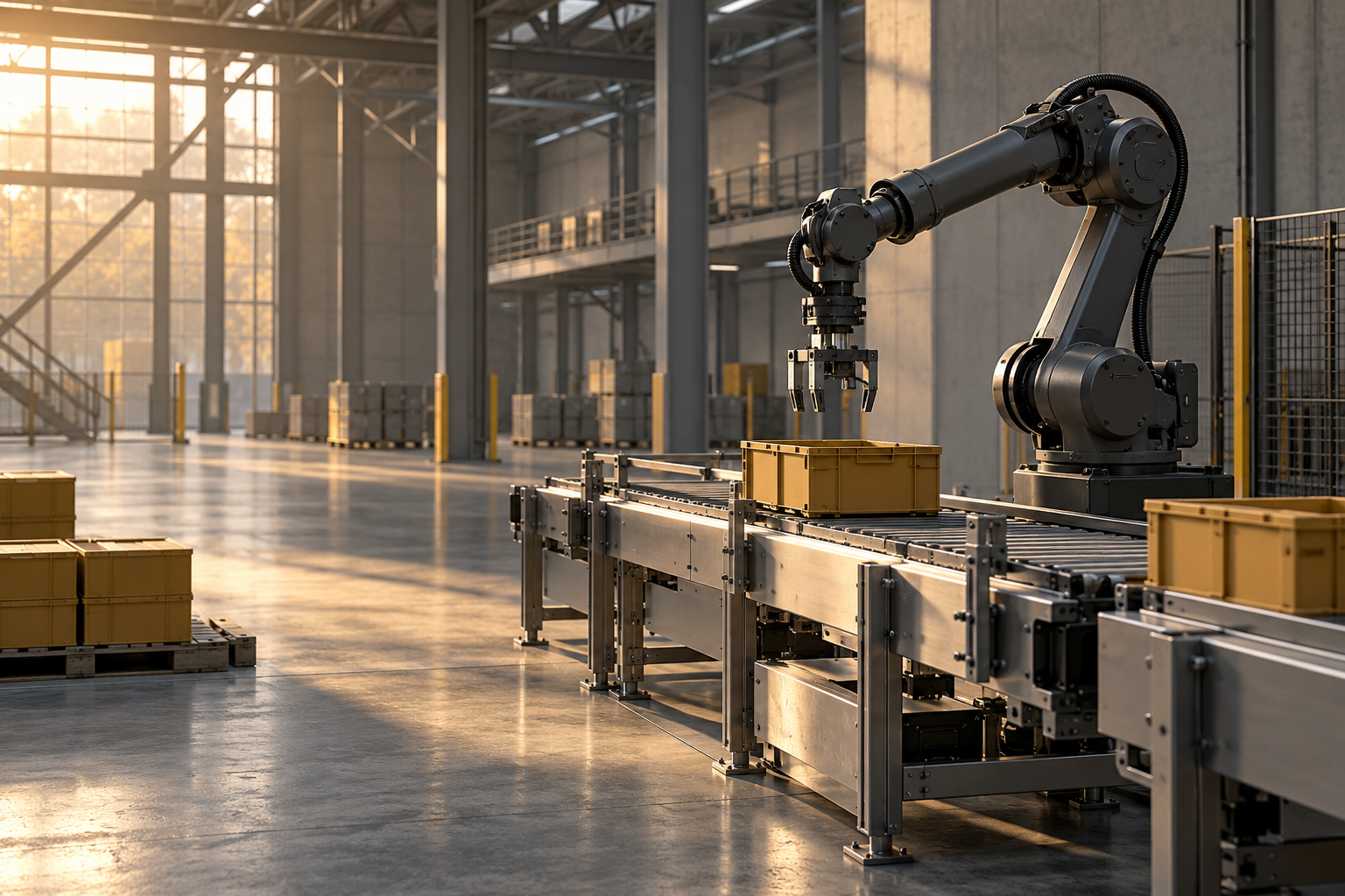 AI-generated conceptual industrial robot and sorting work cell; not a real CognitioFlow installation.